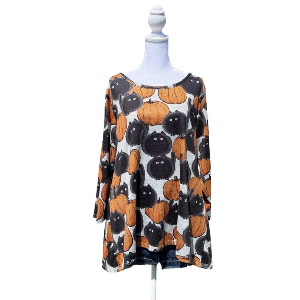 Clover Pine Black Cat Pumpkin Tunic Top Womens XXL Fall Cozy Sweater Plus Size - Picture 1 of 9